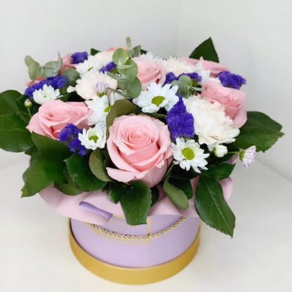 Happiness in pink. Roses, Statice, Chrysanthemum, Eucalyptus