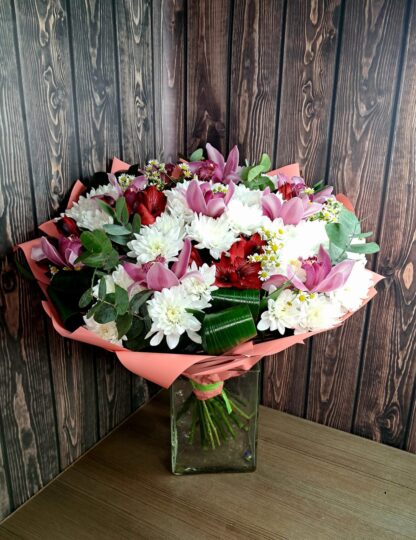 Stylish Bouquet with Pink Orchids, White Chrysanthemums, Alstroemerias, Aspidistra – Elegant Floral Gift in Delicate Wrapping - Image 3
