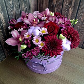 Business Flower Box with Orchids, Red Roses, Chrysanthemums, and Lisianthus
