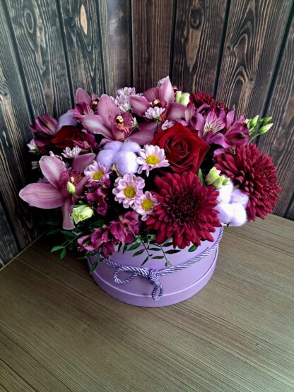 Business Flower Box with Orchids, Red Roses, Chrysanthemums, and Lisianthus