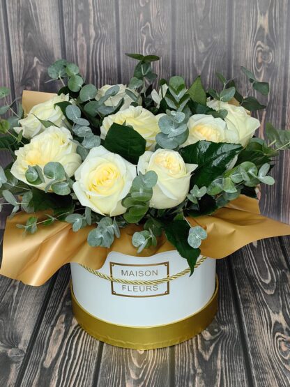 Business Bouquet in a White Box with White Roses and Eucalyptus - Image 4