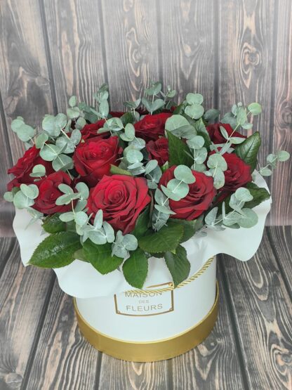 Business Bouquet in a White Box with Red Roses and Eucalyptus (Copy)