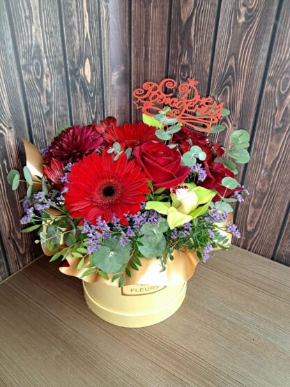 Business Bouquet in a Hat Box with Red Roses, Gerberas, and Orchids