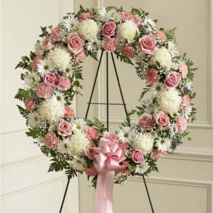 Funeral Wreath with Soft Pink Roses, Large White Chrysanthemums, Daisy Chrysanthemums, and Greenery
