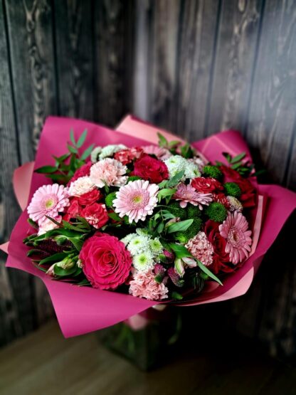 Stylish Bouquet with Pink Roses, Gerberas, Alstroemerias, Chrysanthemums, and Greenery – The Perfect Gift for Any Occasion