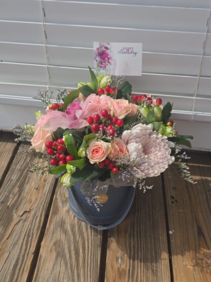 Elegant Flower Arrangement in a Gray Box with Roses, Chrysanthemums, Alstroemeria, Hypericum, and Orchids - Image 5