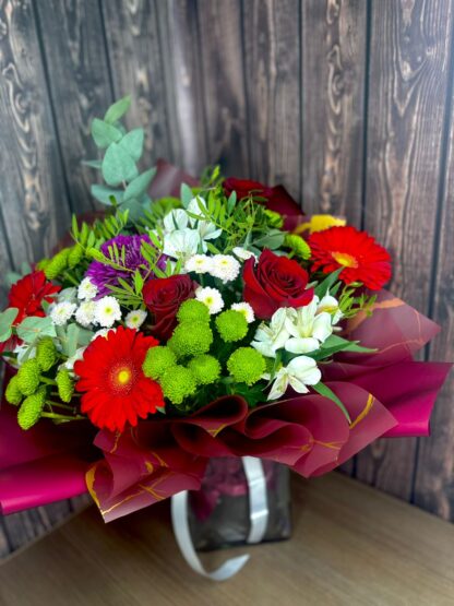 Bright Bouquet with Chrysanthemums, Red Gerberas, Alstroemeria, Eucalyptus, and Red Roses – A Bold Gift with Character - Image 5