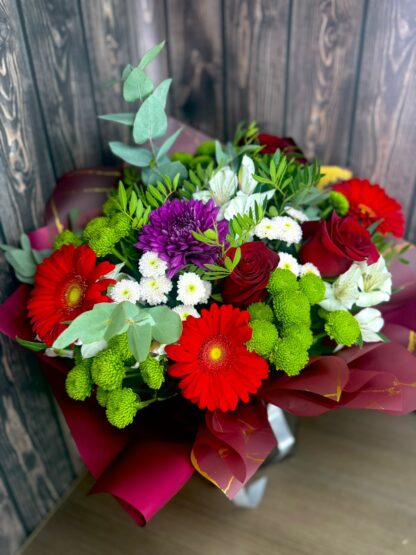 Bright Bouquet with Chrysanthemums, Red Gerberas, Alstroemeria, Eucalyptus, and Red Roses – A Bold Gift with Character - Image 3