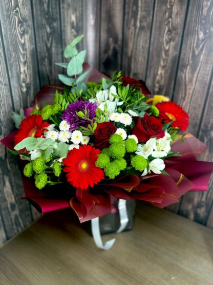 Bright Bouquet with Chrysanthemums, Red Gerberas, Alstroemeria, Eucalyptus, and Red Roses – A Bold Gift with Character - Image 4