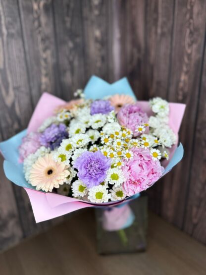 Delicate Pink and Blue Bouquet with Chrysanthemums, Alstroemeria, Hydrangea, and Carnations - Image 5