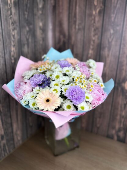 Delicate Pink and Blue Bouquet with Chrysanthemums, Alstroemeria, Hydrangea, and Carnations