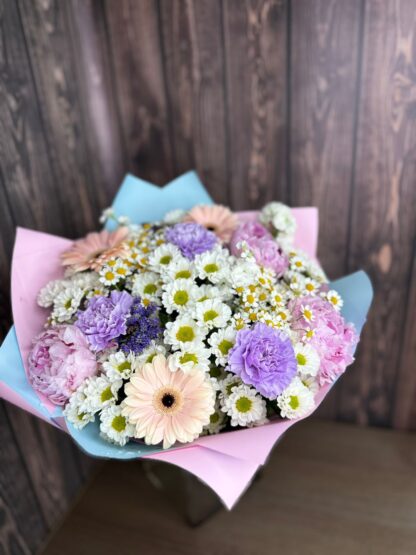 Delicate Pink and Blue Bouquet with Chrysanthemums, Alstroemeria, Hydrangea, and Carnations - Image 3