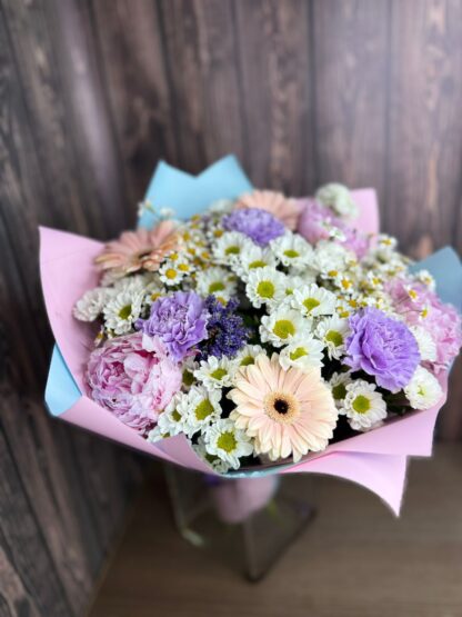 Delicate Pink and Blue Bouquet with Chrysanthemums, Alstroemeria, Hydrangea, and Carnations - Image 2