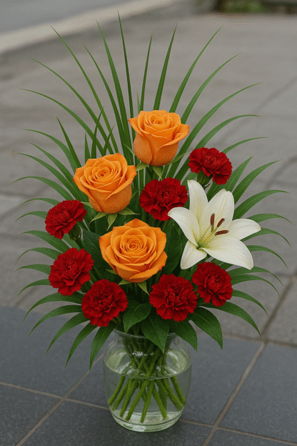 Bouquet in a Clear Glass Vase with Yellow Roses, Red Carnations, White Lily, and Greenery