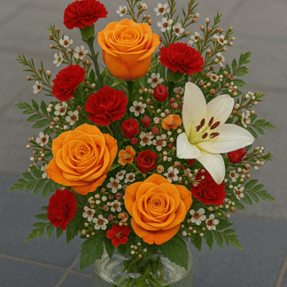 Bouquet in a Glass Vase with Waxflower, Carnations, Roses, and Lily