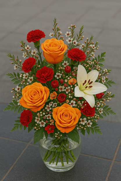 Bouquet in a Glass Vase with Waxflower, Carnations, Roses, and Lily