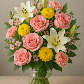 Bouquet in a Vase with Peach Roses, Lilies, Matthiola, Yellow Chrysanthemums, and Greenery Mix