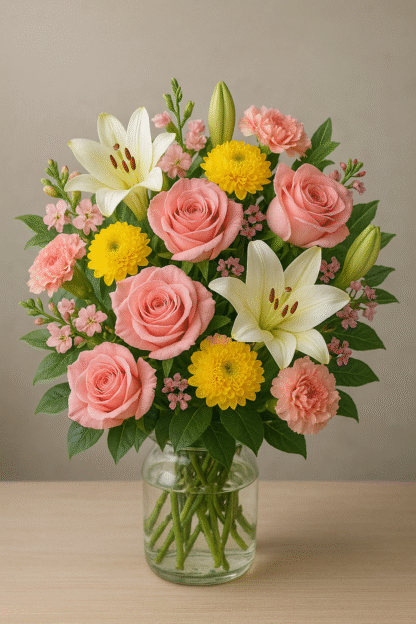 Bouquet in a Vase with Peach Roses, Lilies, Matthiola, Yellow Chrysanthemums, and Greenery Mix
