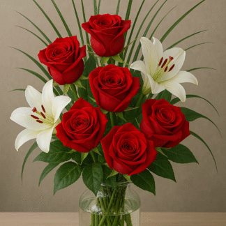 Bouquet in a Clear Glass Vase: Red Roses,  Lily and Greenery