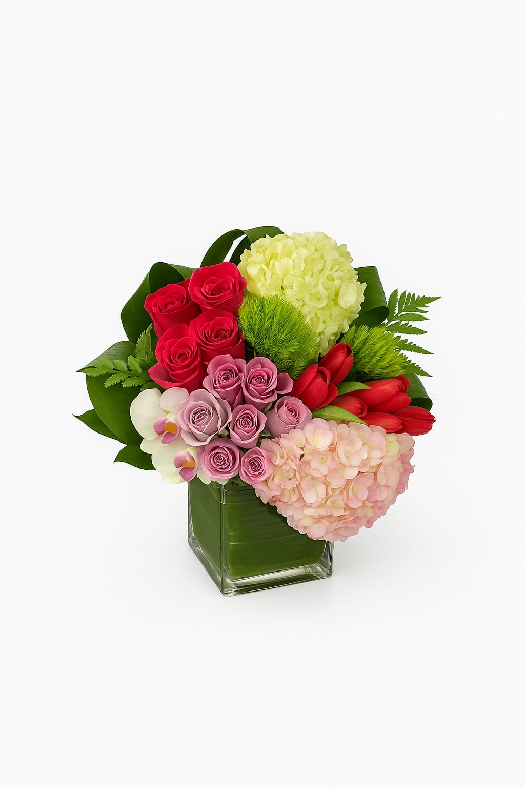 Luxurious Bouquet in a Glass Vase with Hydrangeas, Tulips, Roses, and Orchids
