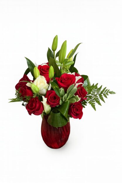 🌹 Bouquet in a Beautiful Red Glass Vase with Red Roses, White Lilies, and Lush Greenery 🌹 - Image 3