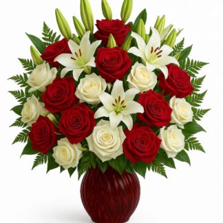 🌹 Bouquet in a Beautiful Red Glass Vase with Red Roses, White Lilies, and Lush Greenery 🌹